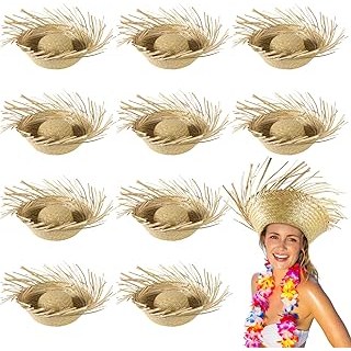 10 Pack Hawaiian Luau Straw Hats, Puerto Rico Pava Hat Beachcomber Straw Hat for