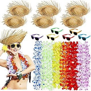 18 Pcs Hawaiian Party Kit_ 6 Luau Hats, 6 Sunglasses, 6 Leis - Summer Beach Them