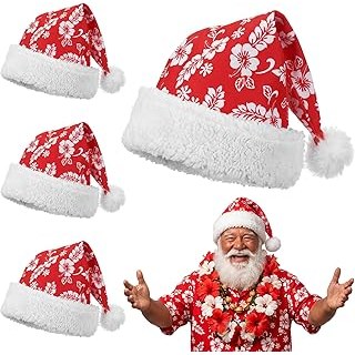 4 Pack Hawaiian Christmas Santa Hat for Christmas in July Tropical Hibiscus Flor