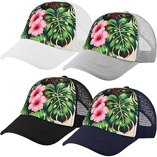 4 Pack Trucker Hat Hawaiian Tropical Style Monstera Leaf Summer Baseball Caps Ad