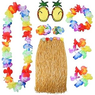 8 Pieces Grass Skirt Sunglasses Leis Necklace Bracelet Set Luau Decorations for