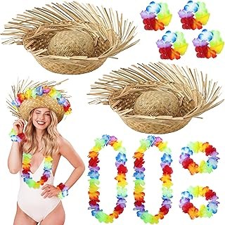 Hawaii Straw Hat and Hawaiian Leis Set, 2 Pava Beachcomber Hats w
