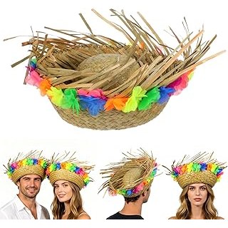 Hawaiian Straw Hat for Men Mexican Sun Hat with Flower Lei, Wide