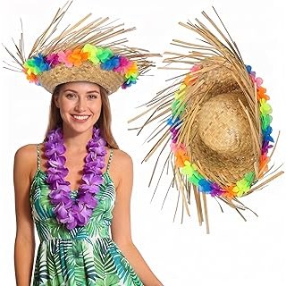 Hawaiian Straw Hat with Colorful Flower Lei_ 14_ Beach Sun Hat for Luau Party, S
