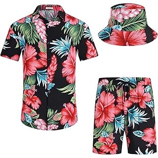 Men's Flower Hawaiian Sets Casual Short Sleeve Shirt and Shorts Suits Outfits wi