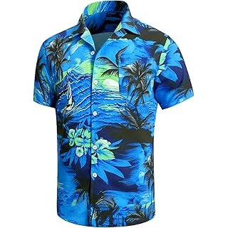 Men's Hawaiian Shirt Funky Blue Beach Printed Tropical Beach Shirt Casual Button