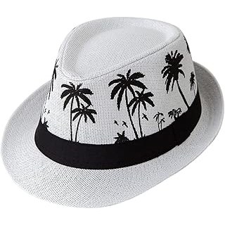 Panama Straw Hats Short Brim Fedora Straw Hat Trilby Hat Palm Tree Print Summer