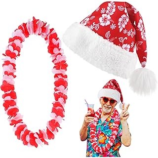 Poen 2 Pcs Hawaiian Christmas Costume Accessories Set Santa Hat Hawaiian Leis fo