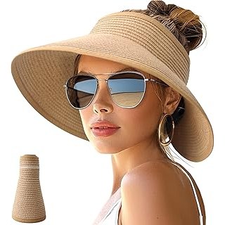 Sun Hats for Women Wide Brim Roll-Up Beach Ponytail Hat Packable Foldable Travel