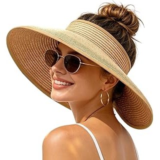 Sun Hats Visor for Women, UV UPF Straw Beach Hat Foldable Wide Brim Ponytail Sum