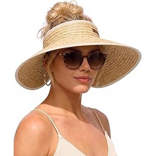 Women's Raffia Straw Sun Hats Wide Brim Beach Visor Ponytail Hat Packable UPF 80